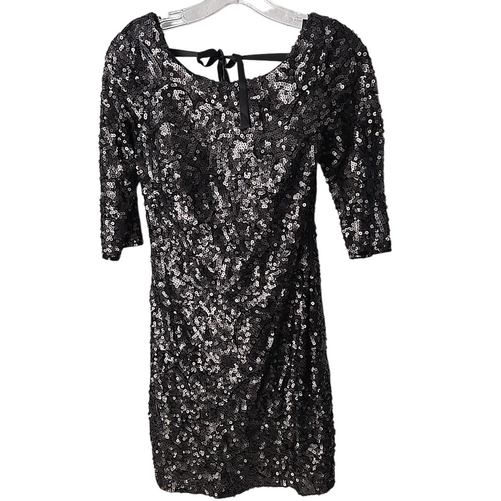 Alberto Makali Black Sequin Open Back Cocktail Dress 3/4 Sleeve Size 4